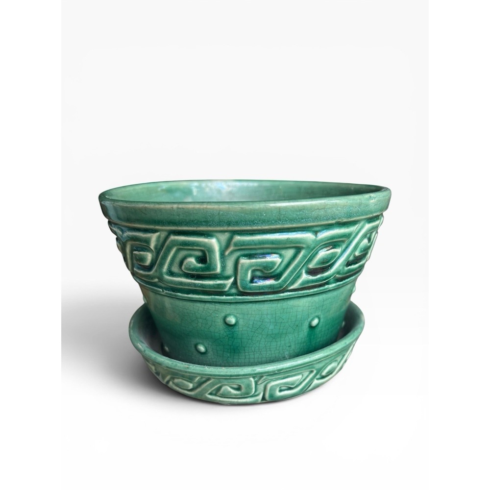 Vintage McCoy Pottery Green Greek Key Planter Attached Saucer USA MCM 4" Aztec